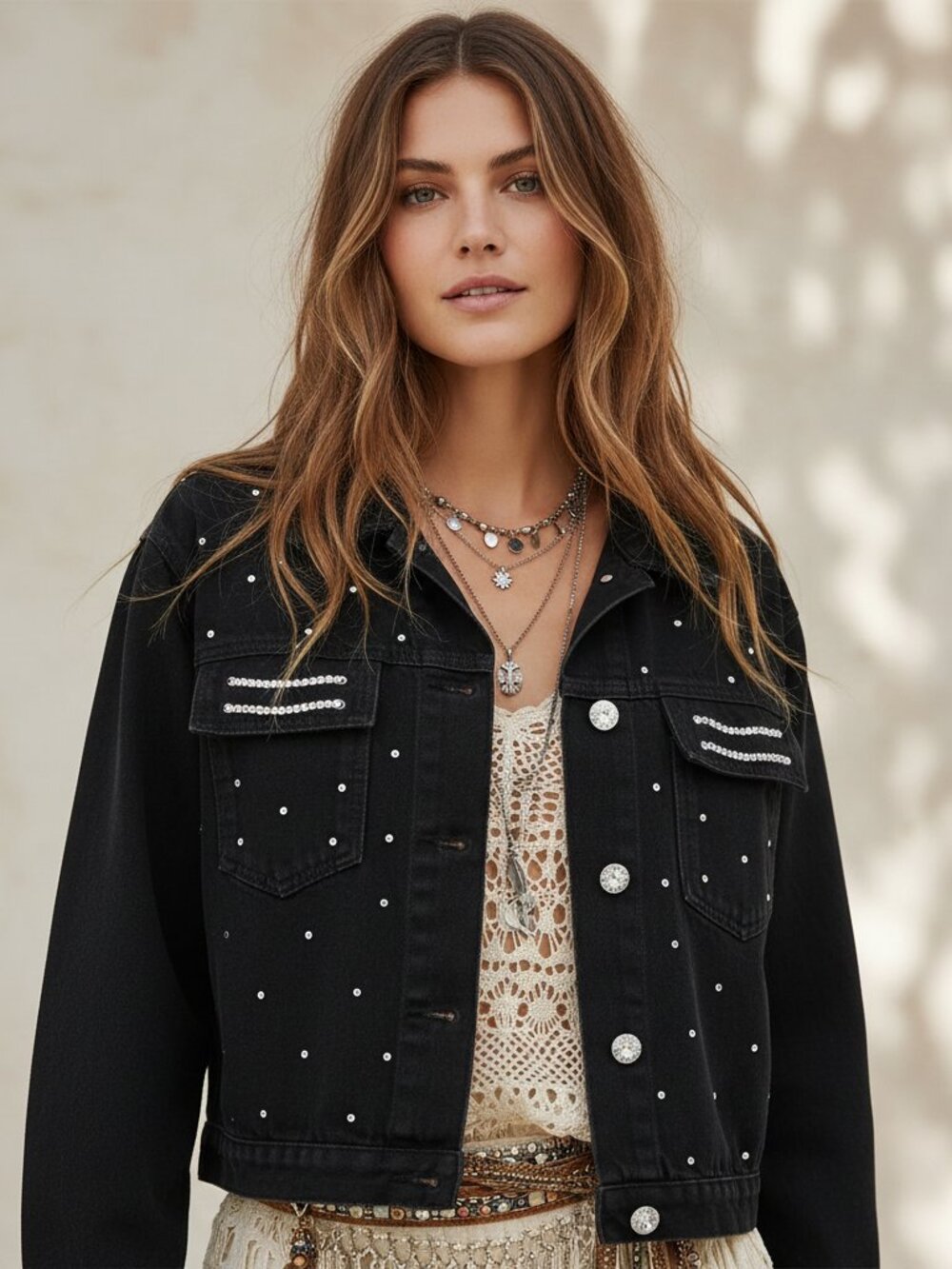 Vintage 80s 90s Black Jean Jacket Rhinestone Chains Punk‎ Edgy Street Western